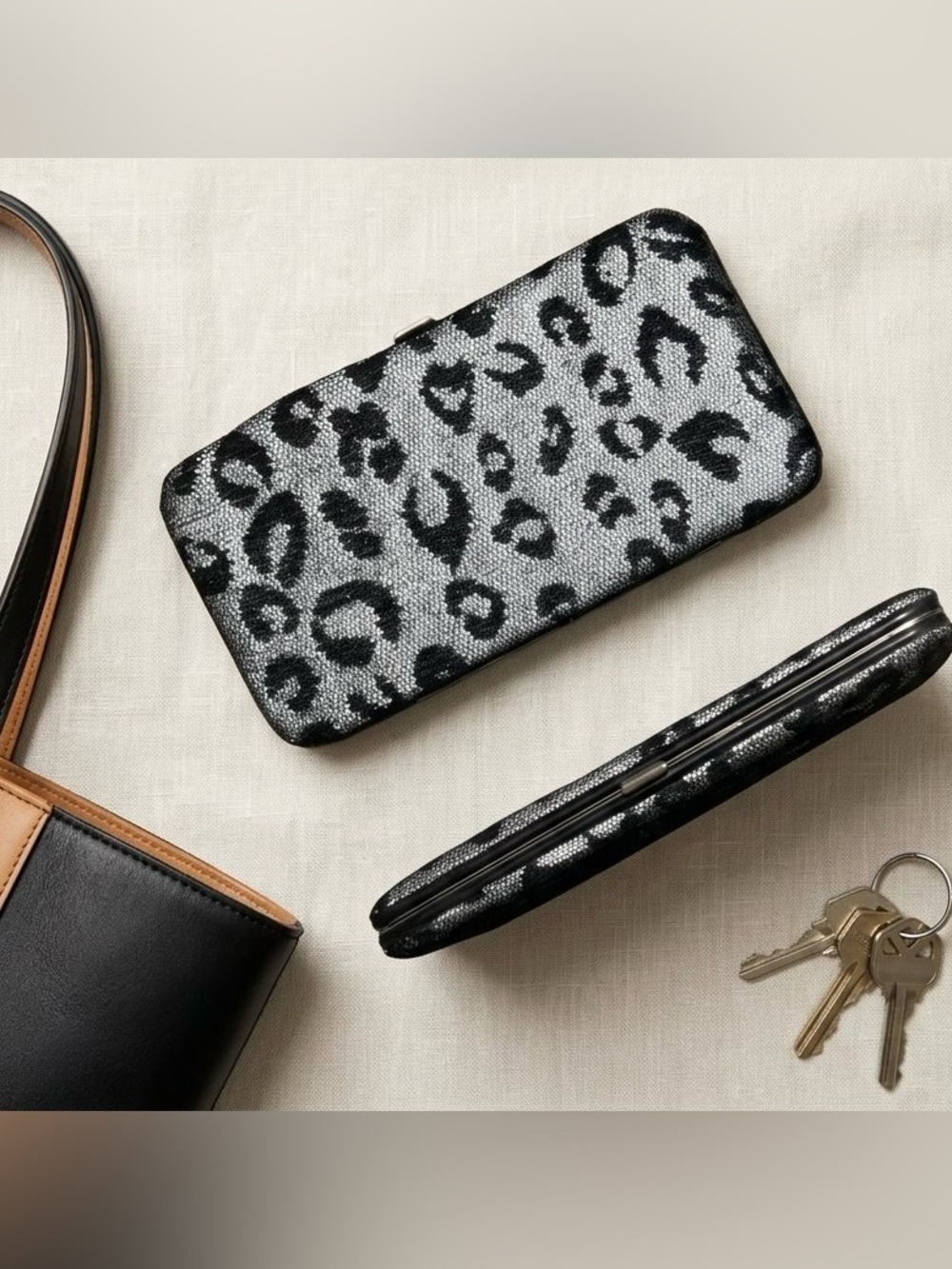 Wet Seal Leopard Lace Over Black & Silver Wallet